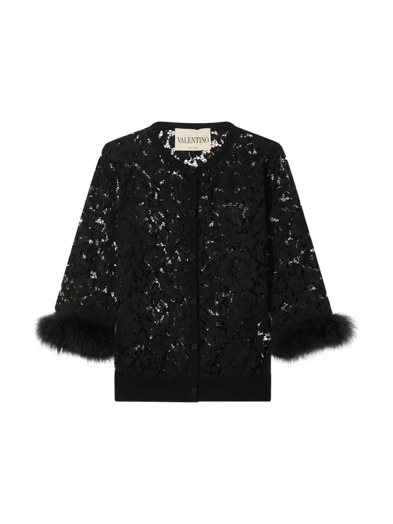 Valentino Garavani Feather-trimmed Cotton Corded Lace Cardigan