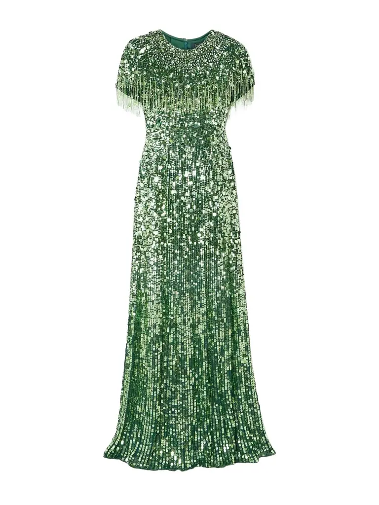Jenny Packham Eugenie Fringed Cape-effect Embellished Satin Gown