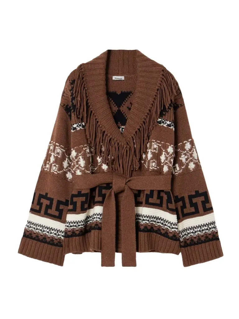 Simkhai Elwood Belted Fringed Intarsia Wool And Cashmere-blend Cardigan