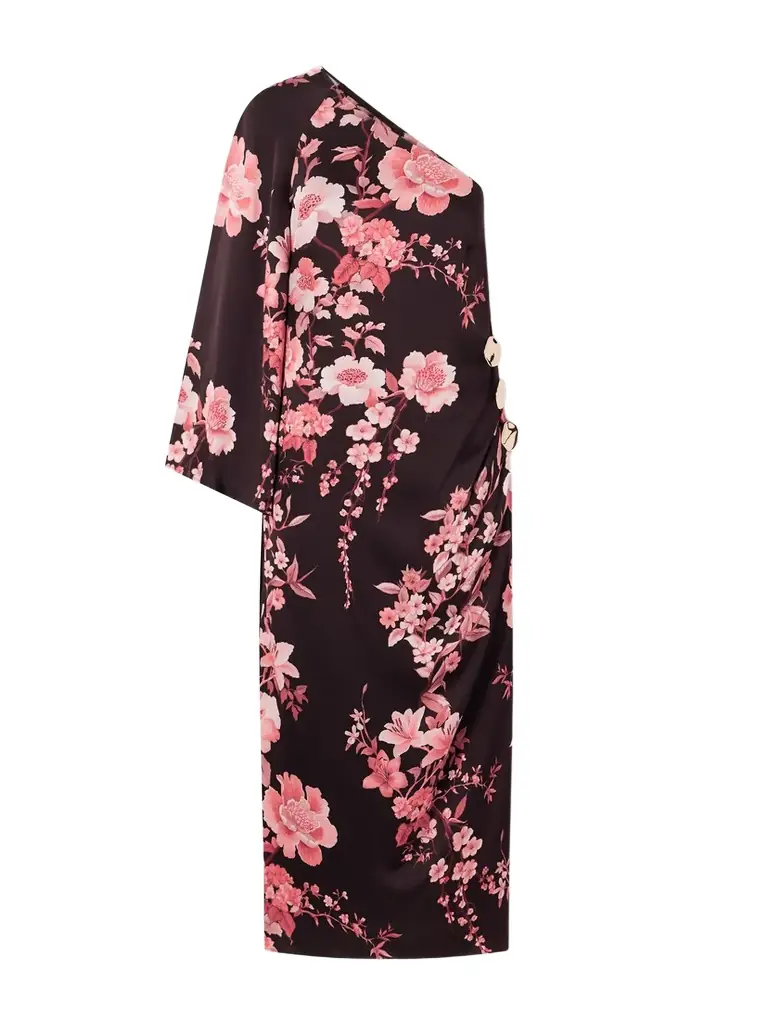 Borgo de Nor Atlantis One-sleeve Embellished Printed Satin Midi Dress