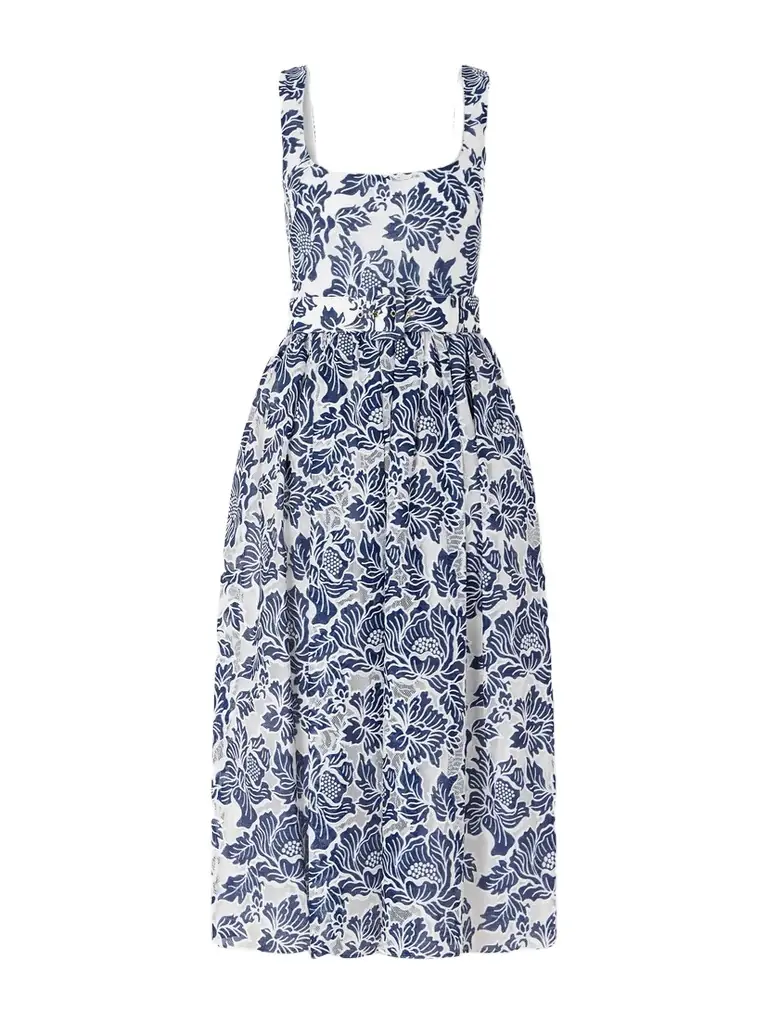 Borgo de Nor Mackenzie Belted Lace-paneled Cotton-blend Midi Dress
