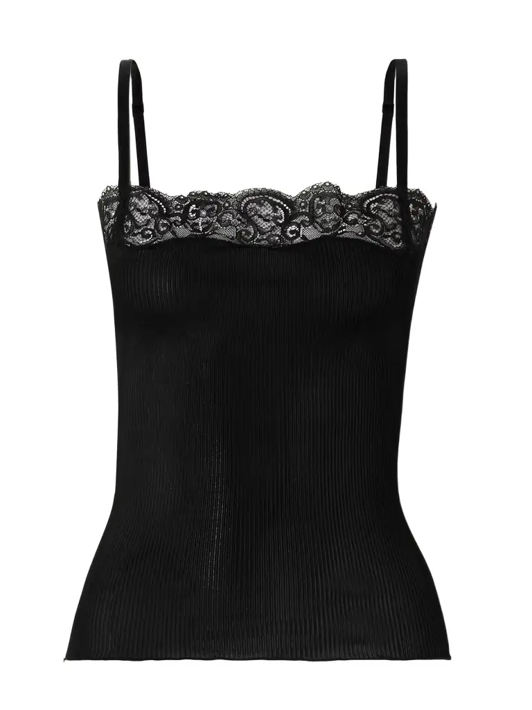 Saint Laurent Scalloped Lace-trimmed Ribbed Silk-jersey Tank