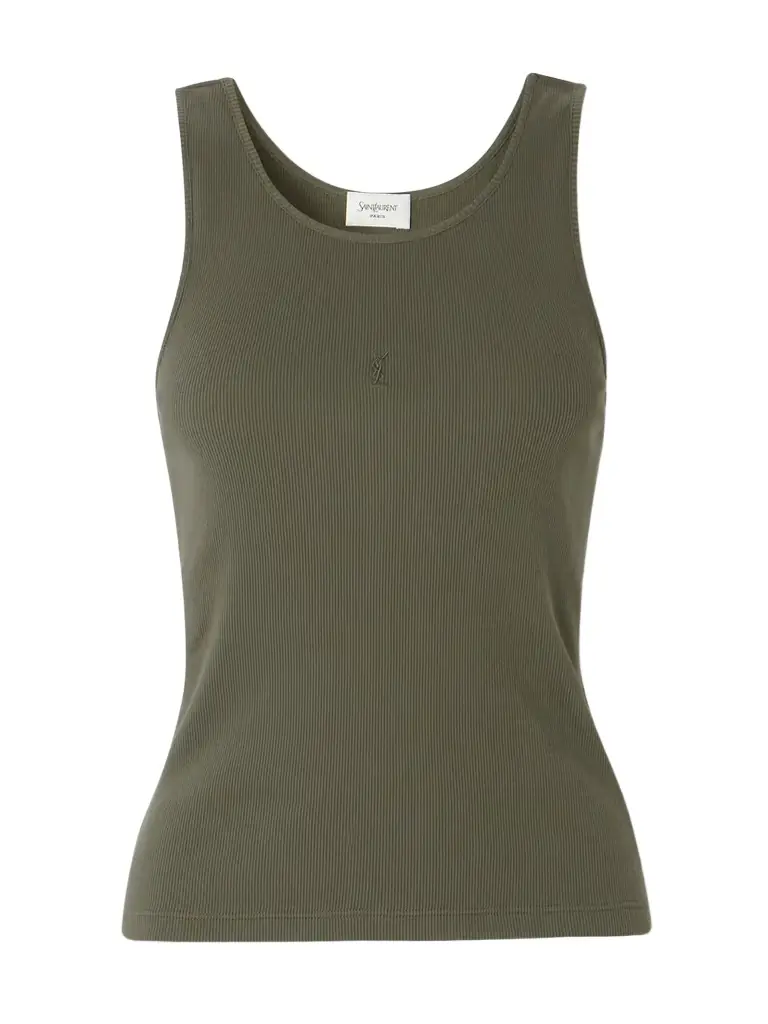 Saint Laurent Cassandre Embroidered Ribbed Cotton-jersey Tank