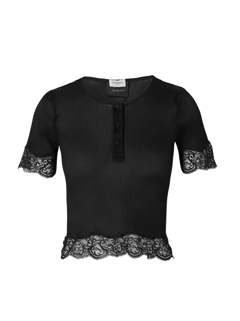 Saint Laurent Scalloped Lace-trimmed Ribbed Jersey Henley Top