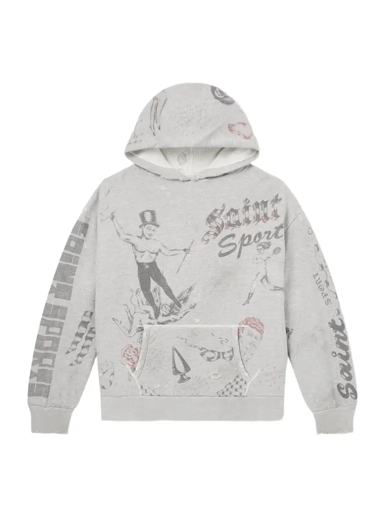 SAINT Mxxxxxx Printed Distressed Cotton-Jersey Hoodie - Men
