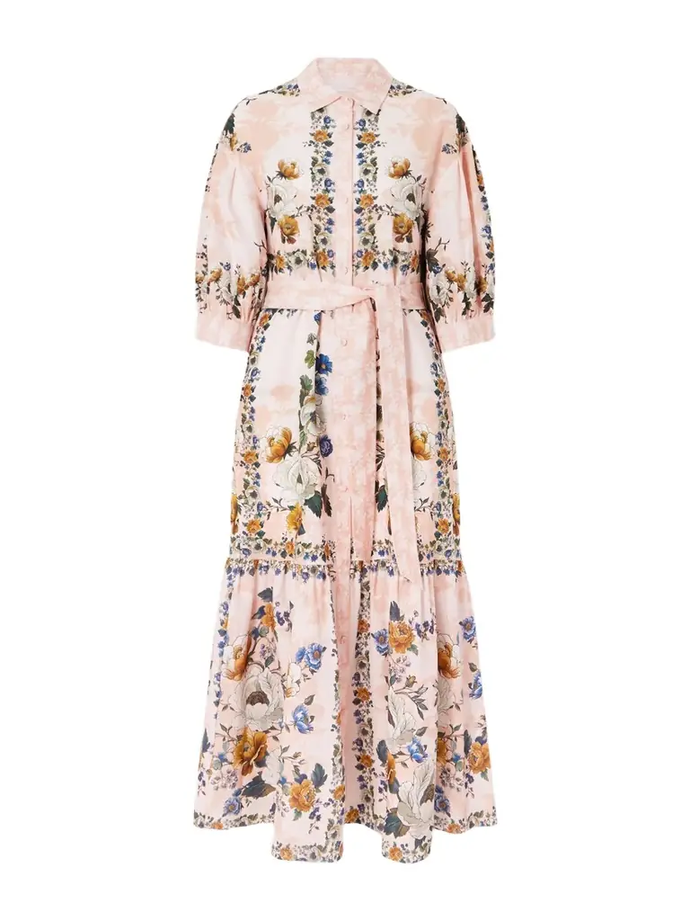 Borgo de Nor Bianca Belted Printed Linen And Cotton-blend Midi Dress