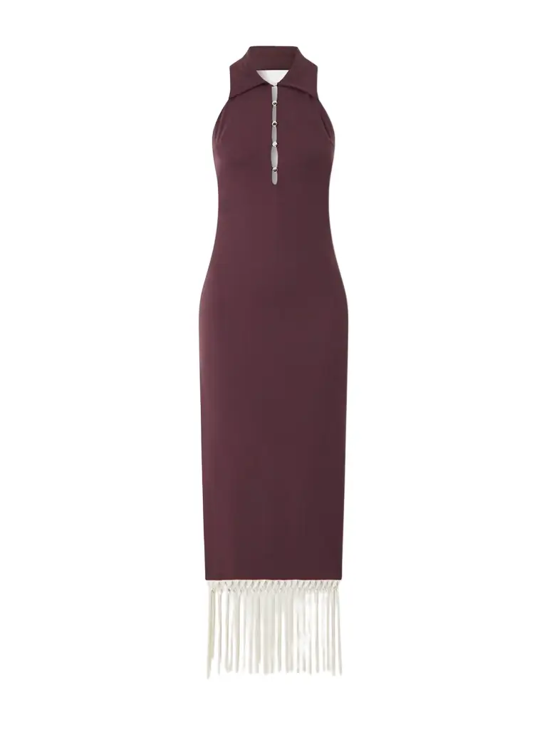 Taller Marmo Tropical Sleeveless Tasseled Stretch-satin Midi Dress