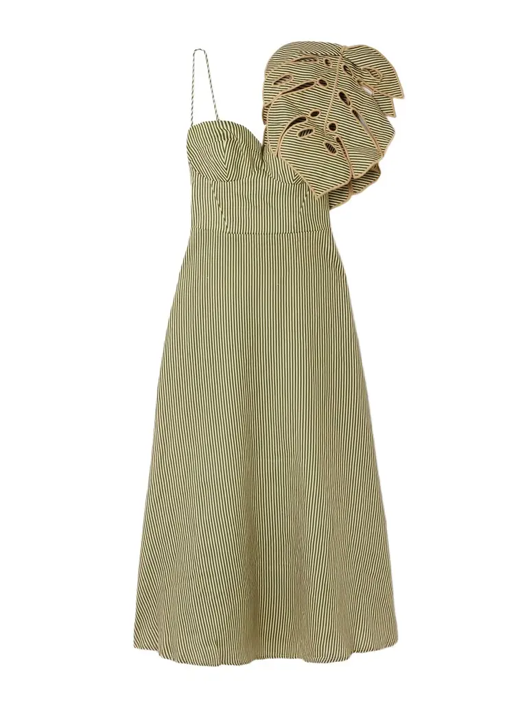 green banana aquarela midi dress Farm Rio Banana Aquarela Pleated Printed Swiss-dot Linen Midi