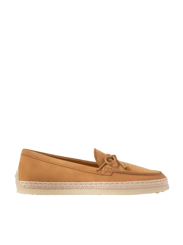 Tod's Gomma Raffia-trimmed Bow-detailed Suede Loafers
