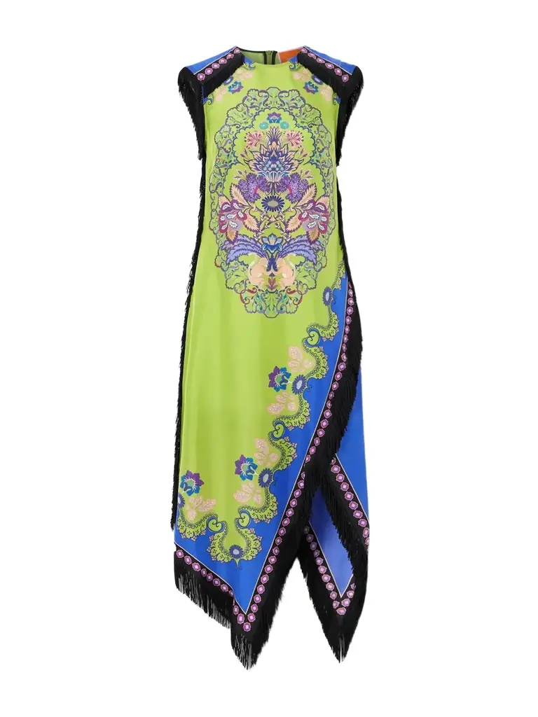 La DoubleJ Fringed Asymmetric Printed Silk Midi Dress