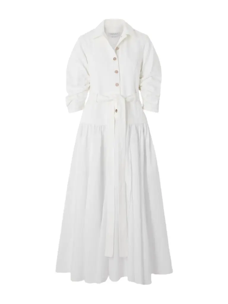 Gabriela Hearst Delyth Belted Frayed Pleated Denim-blend Linen Midi Dress
