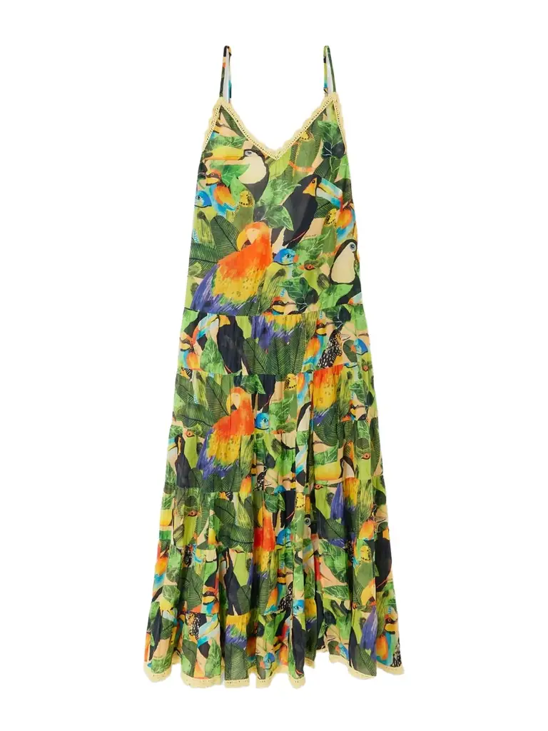 Farm Rio Bird Leaves Crochet-trimmed Tiered Printed Cotton Maxi Dress