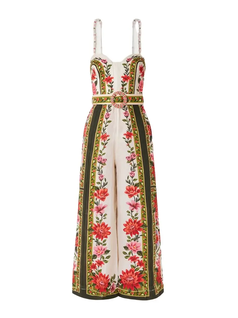 Farm Rio Wonder Rio Belted Embellished Printed Linen Jumpsuit