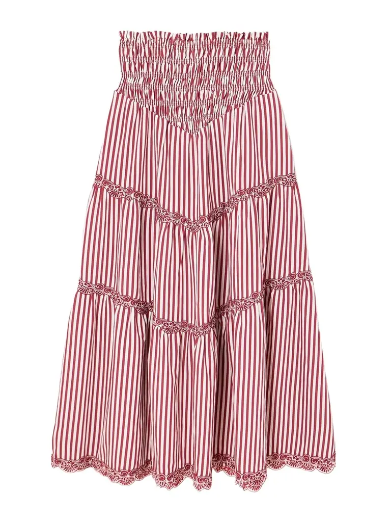 Loretta Caponi Ninfa Shirred Corded Lace-trimmed Striped Satin Maxi Skirt