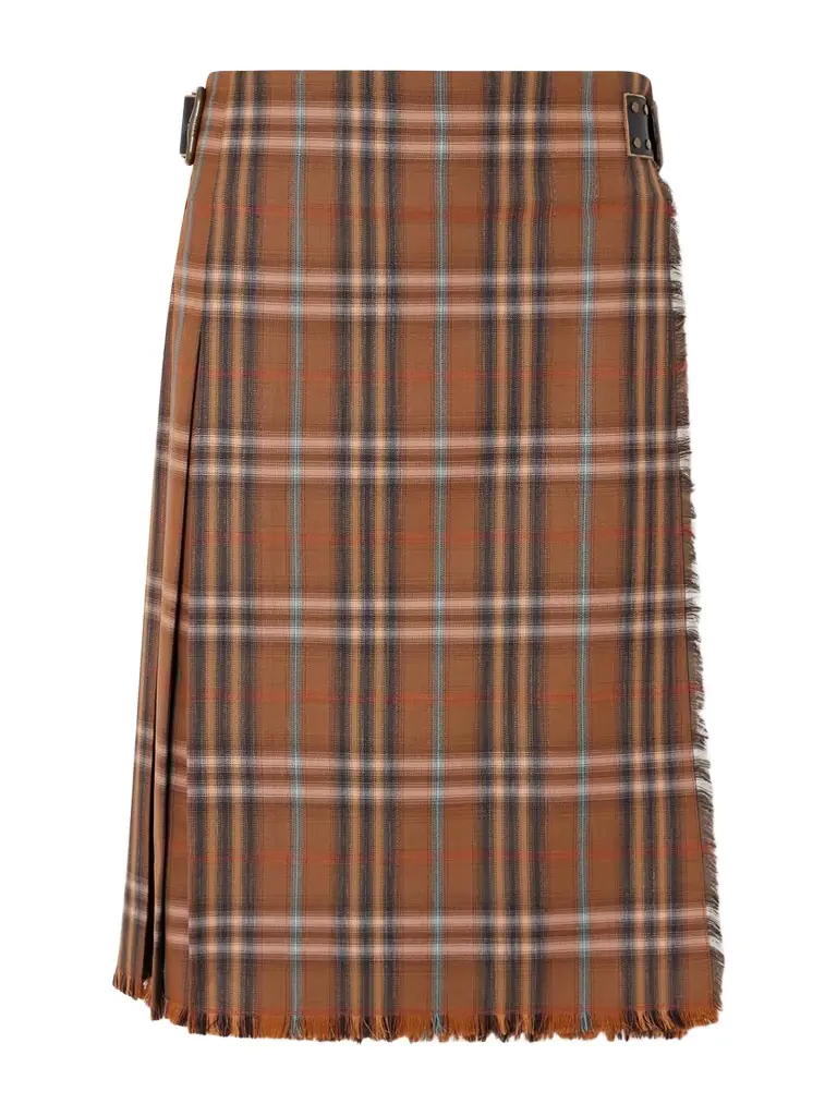Burberry Belted Frayed Checked Wool Skirt
