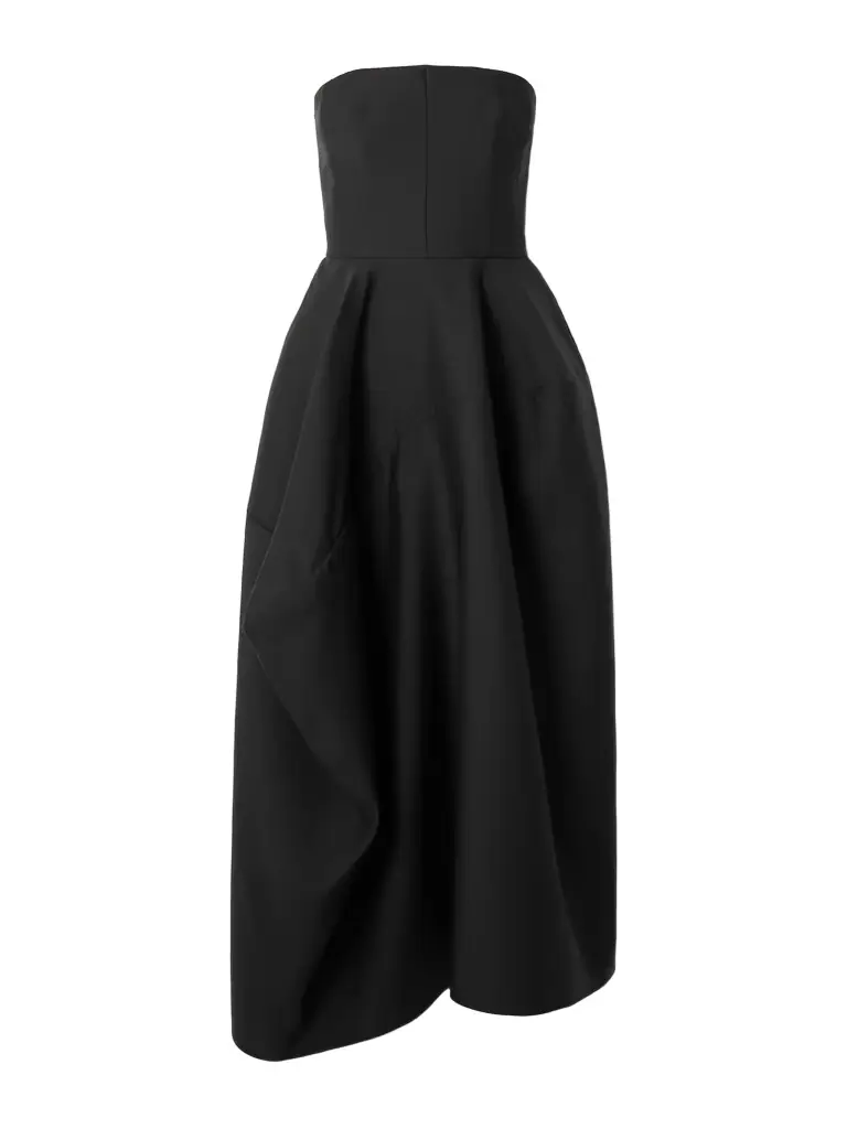 Heirlome Karla Strapless Asymmetric Gathered Draped Wool And Silk-blend Faille Maxi Dress