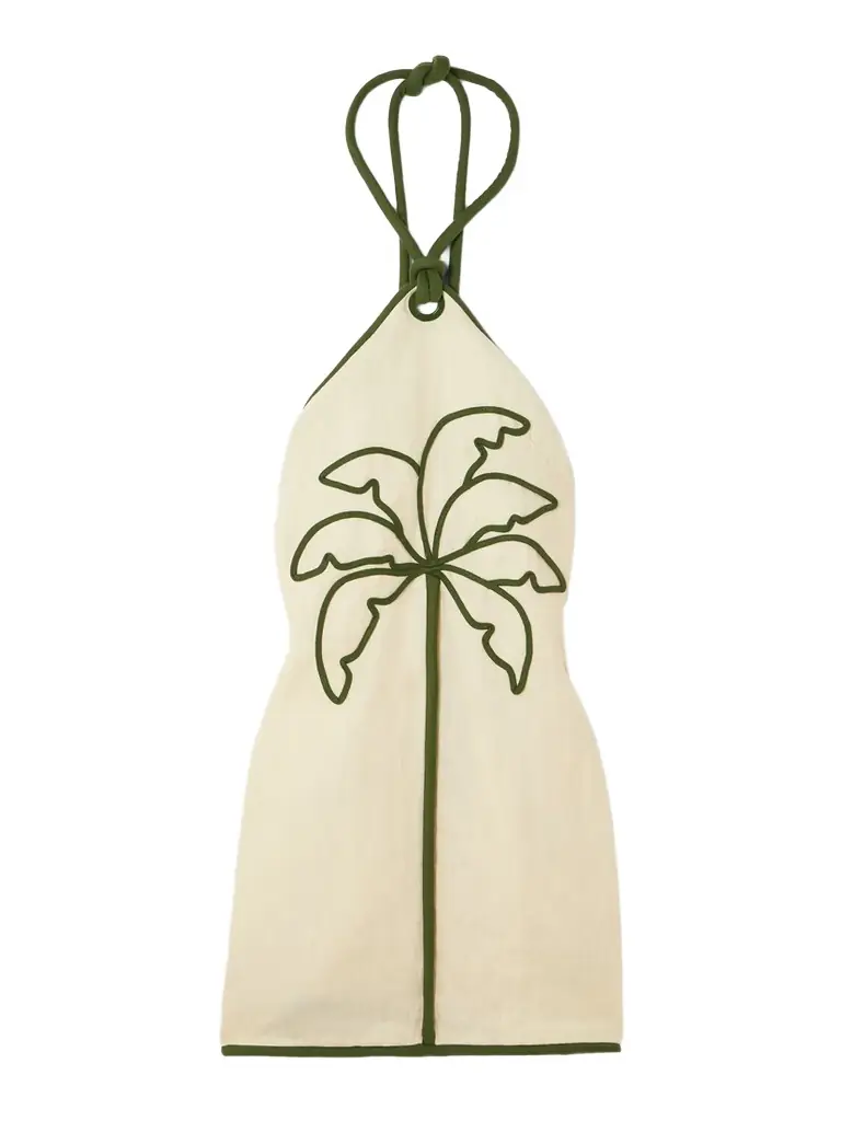 Farm Rio Appliquéd Linen Halterneck Mini Dress