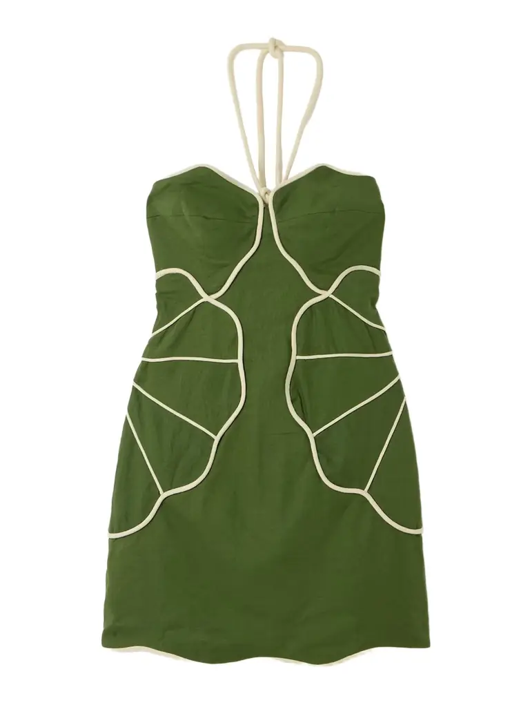 Farm Rio Appliquéd Linen-blend Halterneck Mini Dress
