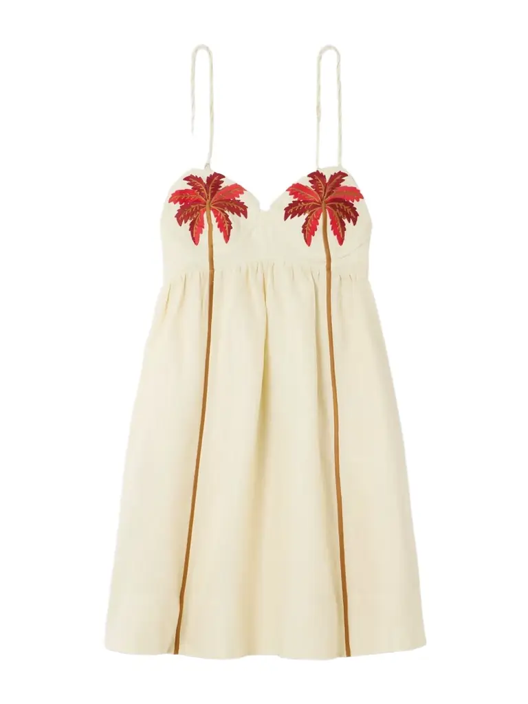 farm rio cerrado short-sleeve belted linen mini dress Farm Rio Cerrado Belted Linen Mini Dress In Cerrado Stamps Cream - 50% Off