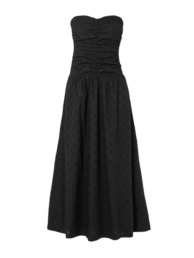 Faithfull Lia Strapless Ruched Broderie Anglaise Maxi Dress