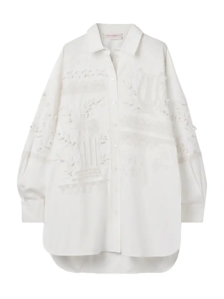 Carolina Herrera Oversized Embroidered Brushed Cotton-blend Poplin Shirt