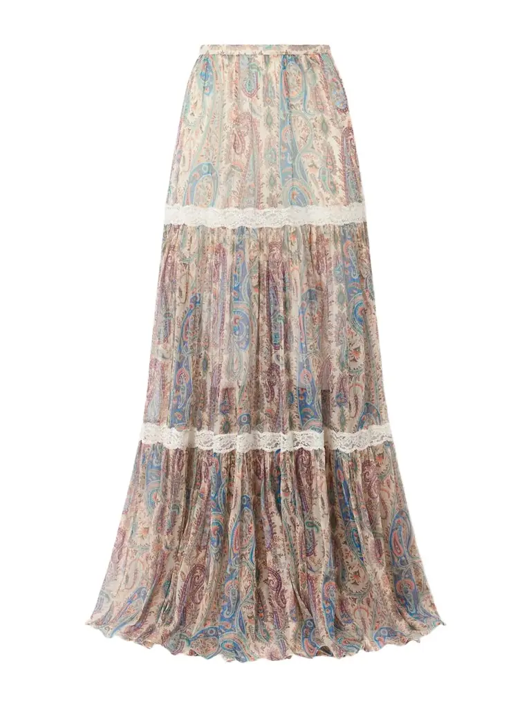 Etro Tiered Lace-trimmed Paisley-print Silk-crepon Maxi Skirt