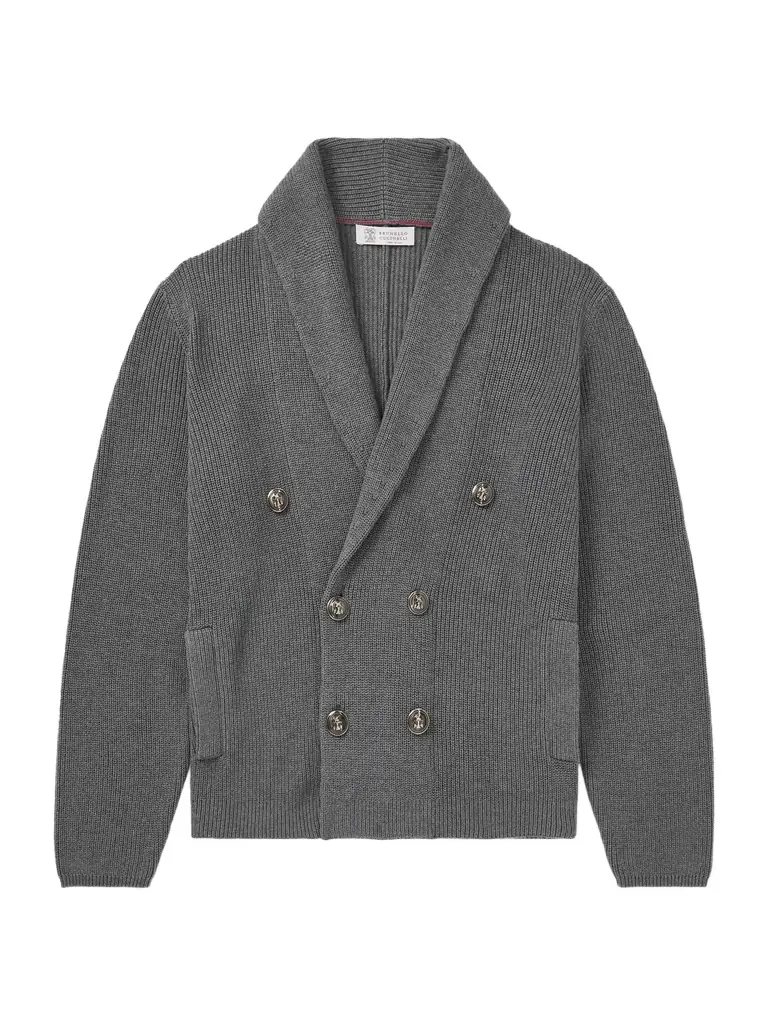 Brunello Cucinelli Shawl-Collar Double-Breasted Ribbed Cotton Cardigan - Men