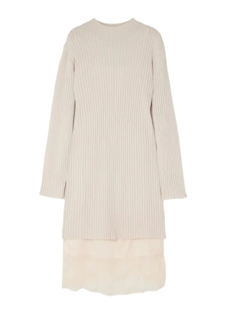 Staud Willow Layered Lace-trimmed Satin And Ribbed Wool-blend Midi Dress