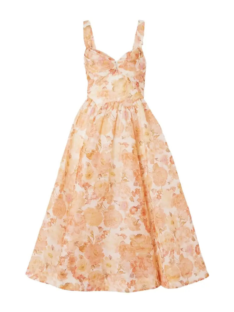 Zimmermann Rebellion Floral-print Linen And Silk-blend Bustier Midi Dress
