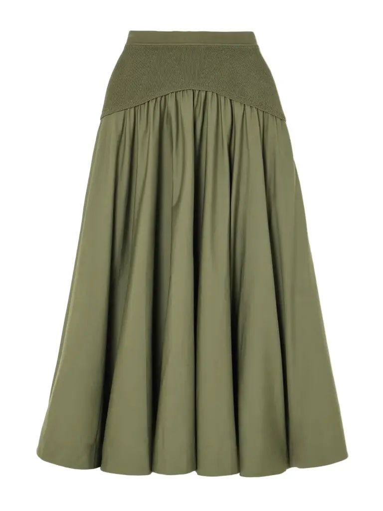 Simkhai Ovie Pleated Ribbed-knit Trimmed Cotton-poplin Midi Skirt