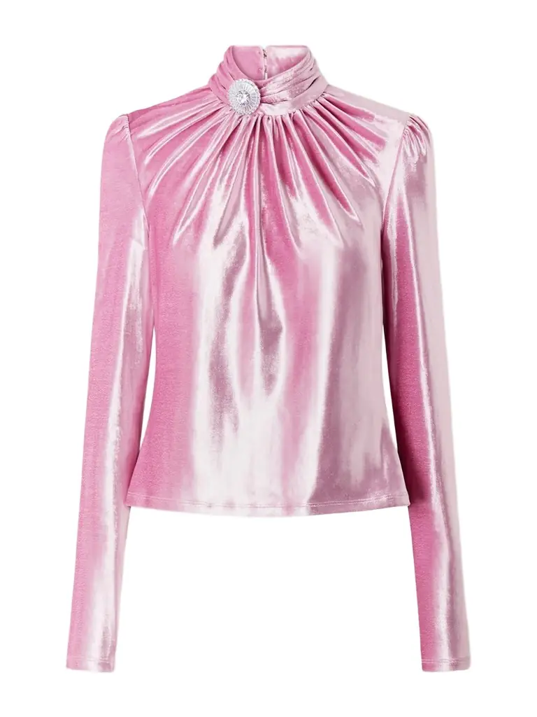 Rabanne Crystal-embellished Gathered Velvet Turtleneck Blouse