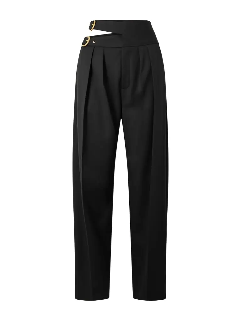 Chloé Buckled Cutout Grain De Poudre Wool Tapered Pants