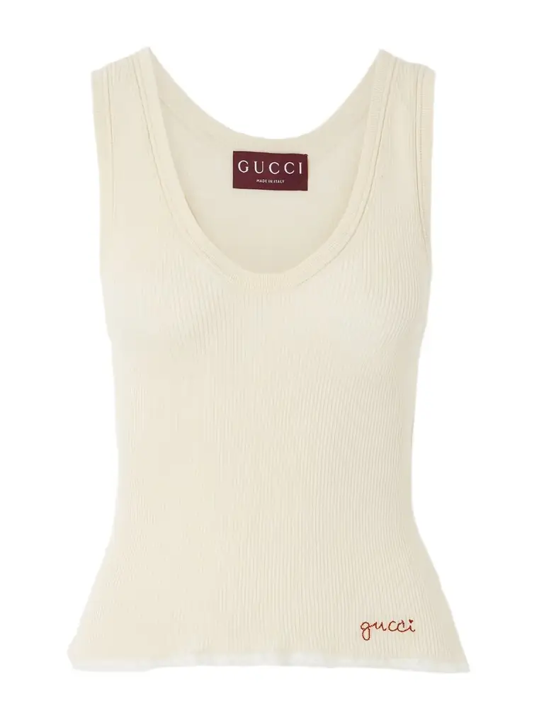 Gucci Embroidered Lace-trimmed Ribbed-knit Cotton Tank Top