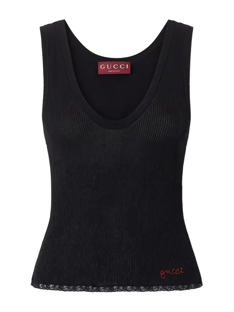 Gucci Embroidered Lace-trimmed Ribbed-knit Cotton Tank Top