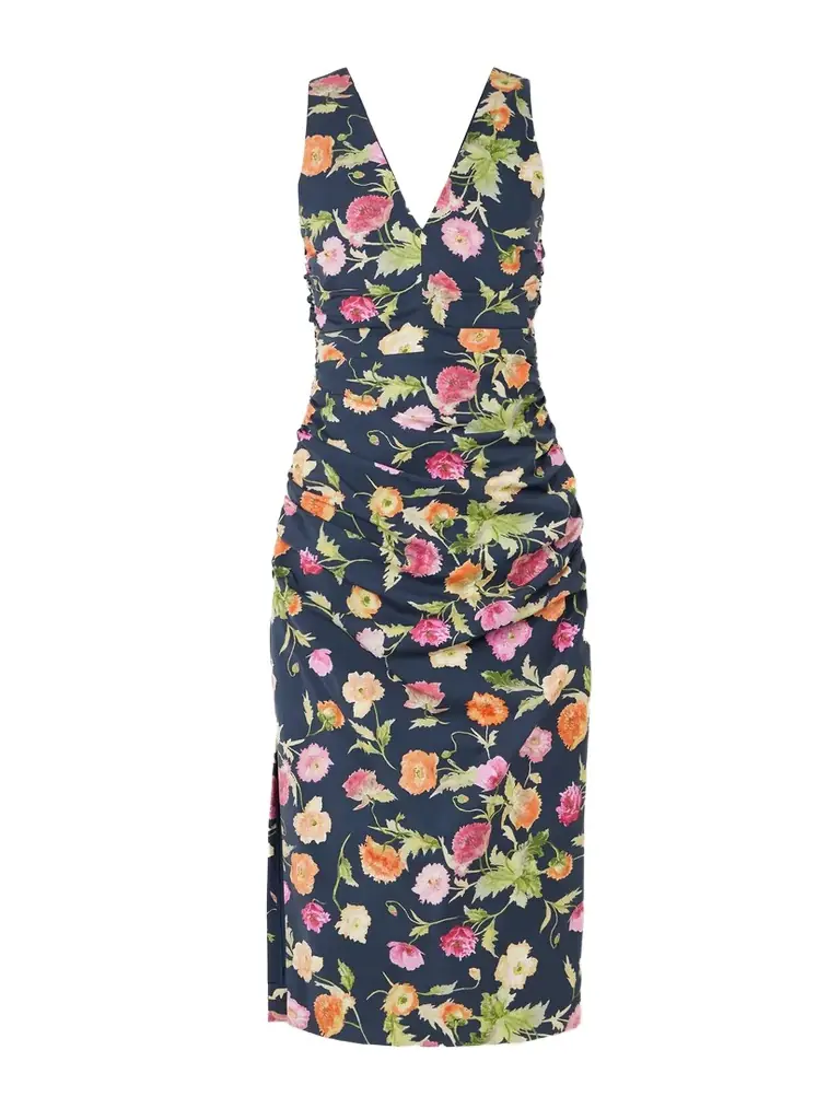 Carolina Herrera Gathered Floral-print Stretch-cotton Midi Dress
