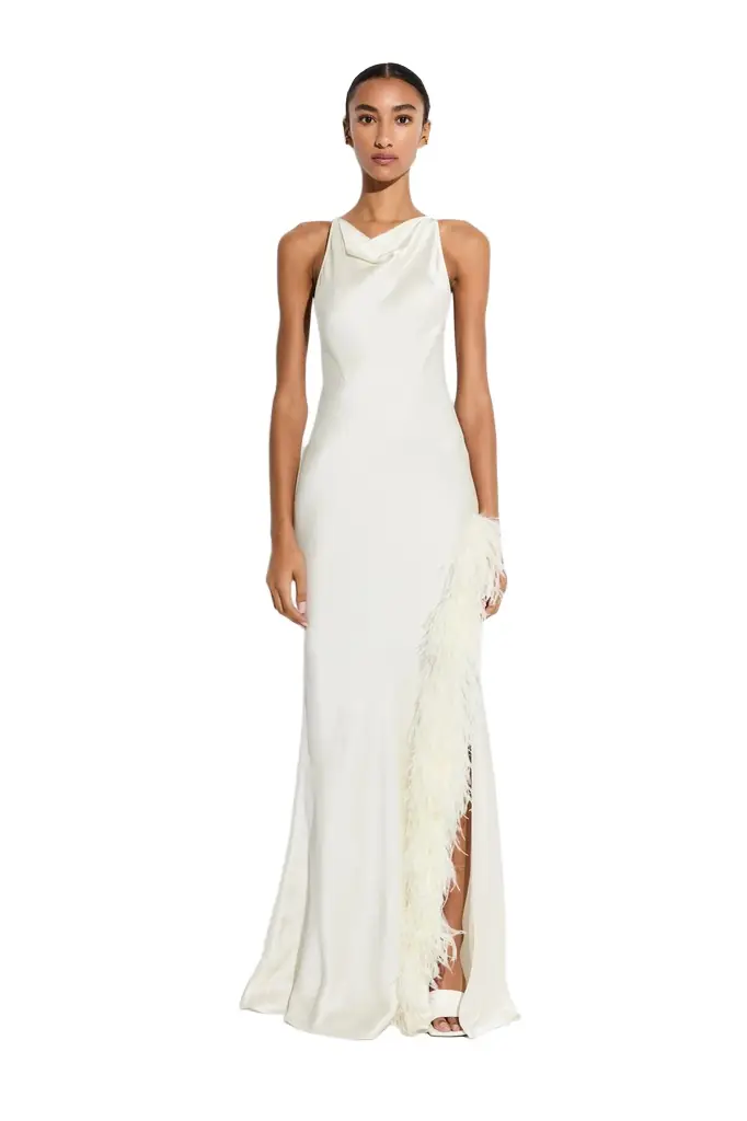 LAPOINTE Satin Halter Gown With Feathers