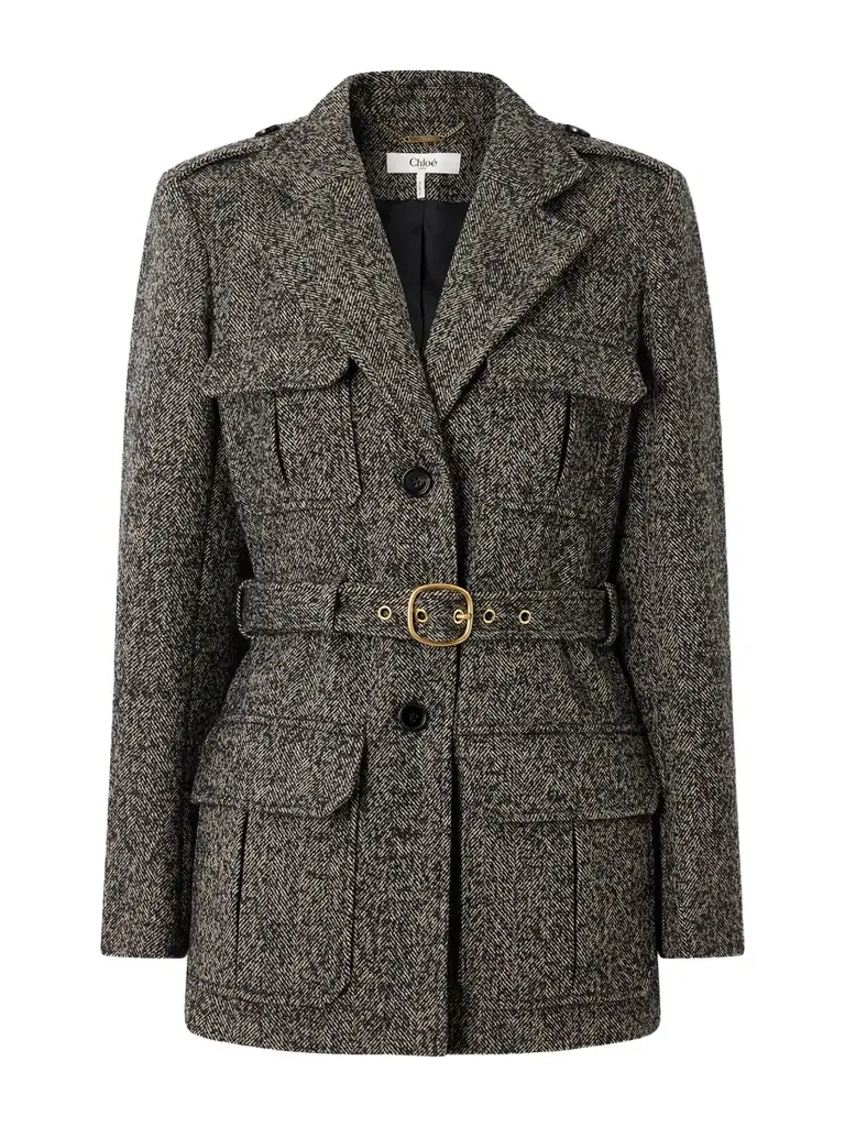 Chloé Belted Herringbone Wool-blend Jacket