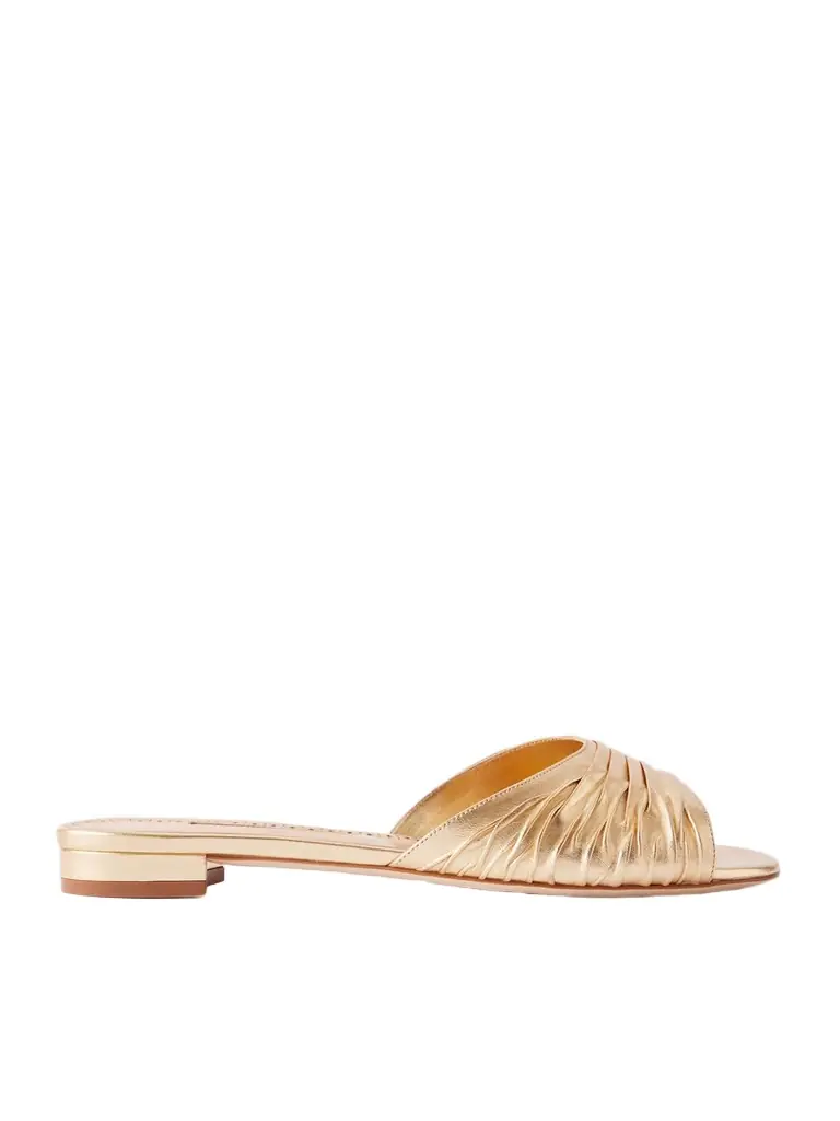Manolo Blahnik Parua Pleated Metallic Leather Slides