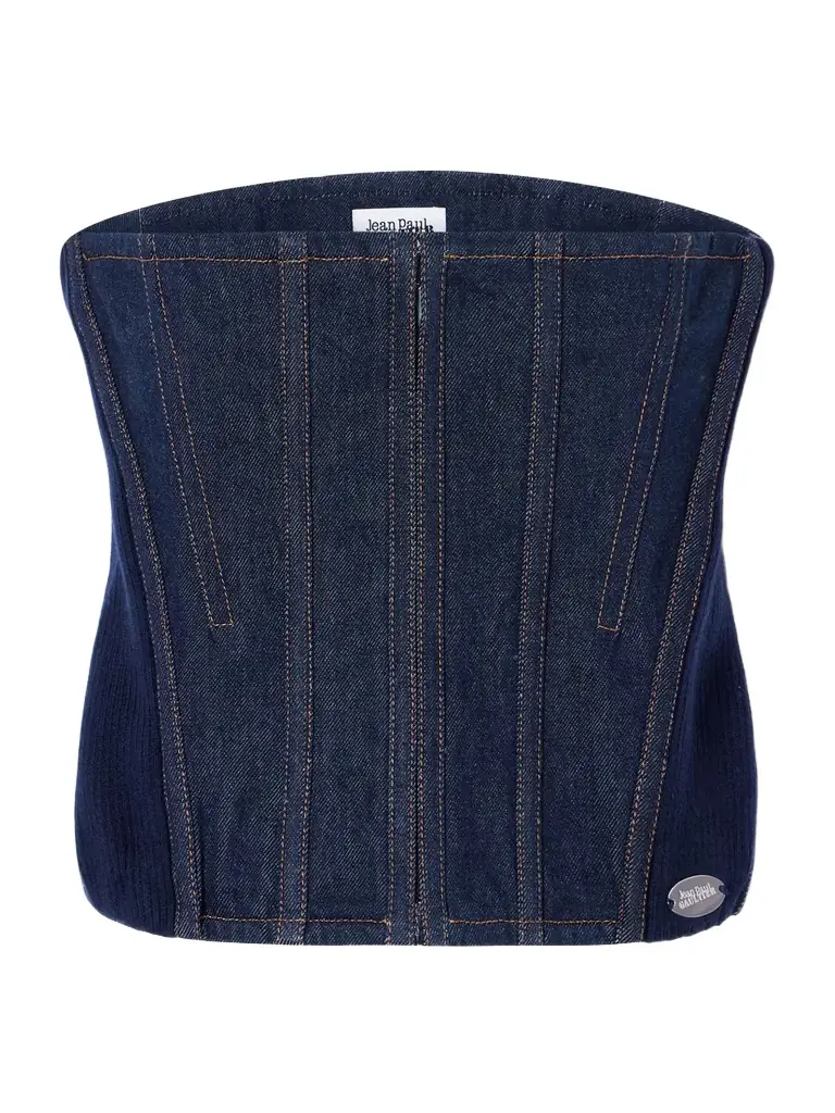 Jean Paul Gaultier Ribbed Wool-blend Trimmed Denim Corset Top