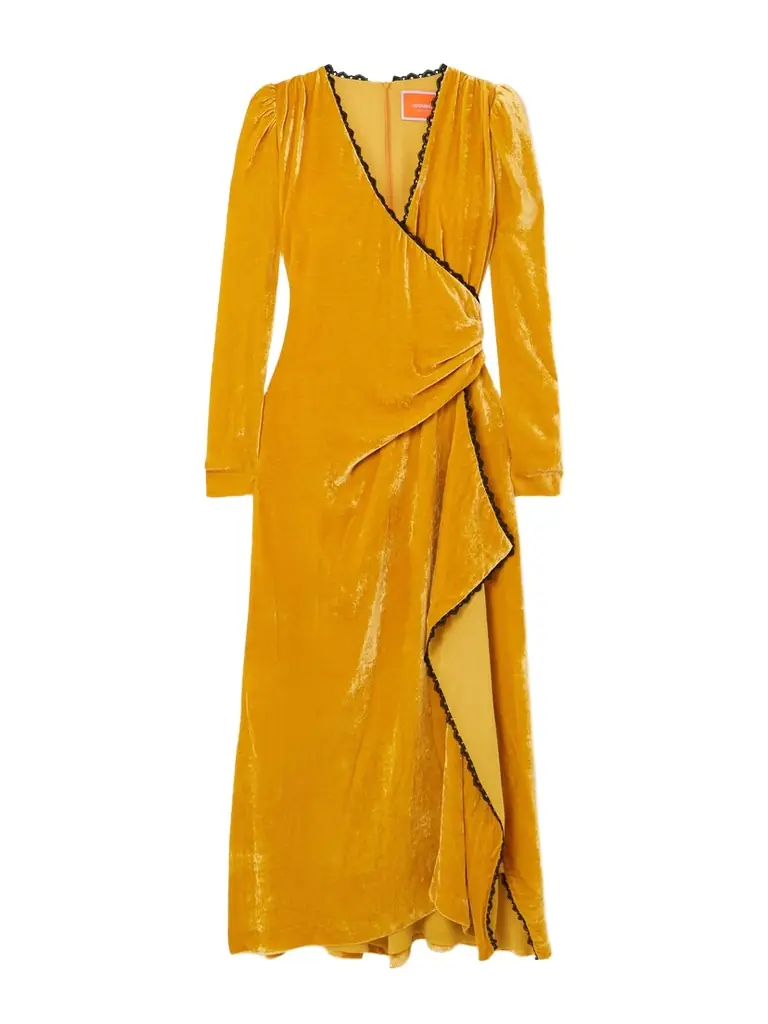 La DoubleJ Wrap-effect Draped Lace-trimmed Velour Maxi Dress