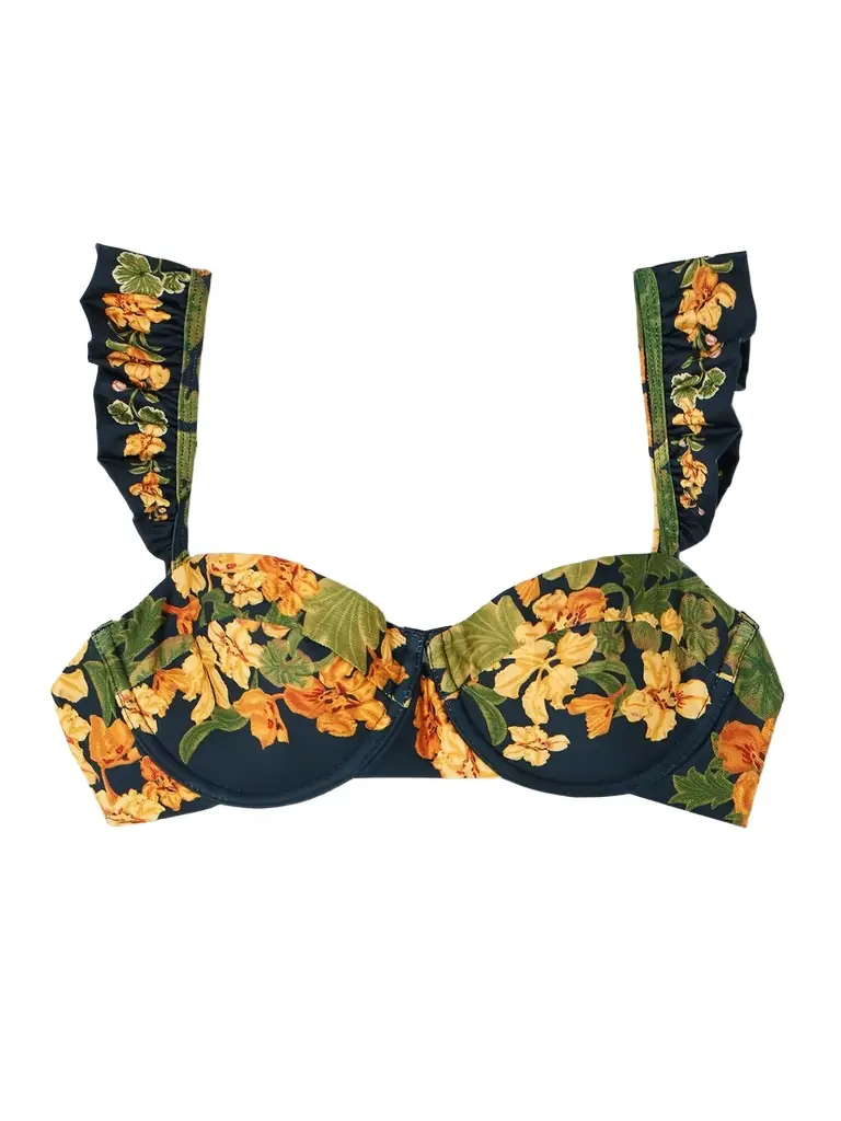 Agua by Agua Bendita Kiwi Cordillera Ruffled Floral-print Stretch Recycled Bikini Top