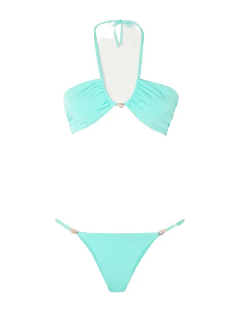 SARA CRISTINA Bahia Pearl-embellished Stretch-econyl® Halterneck Bikini