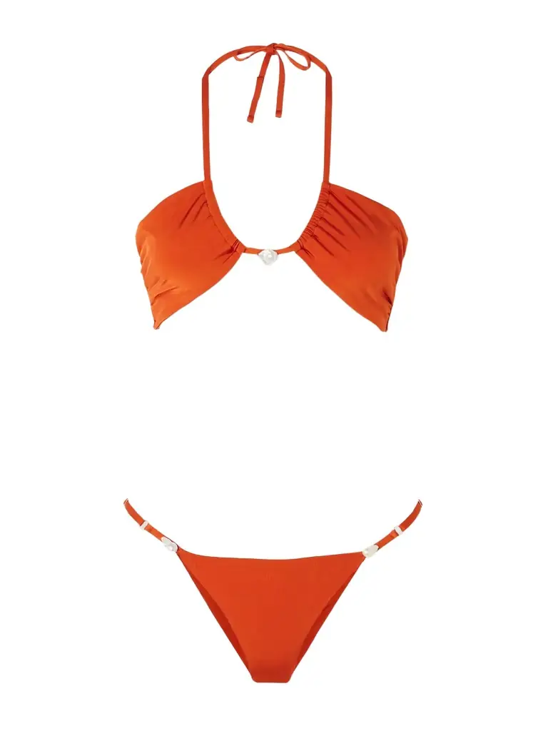 SARA CRISTINA Bahia Pearl-embellished Stretch-econyl® Halterneck Bikini