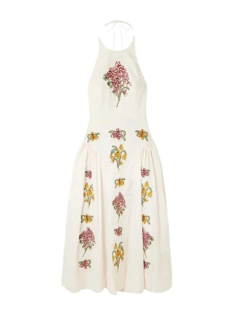 Agua by Agua Bendita Balsa Embellished Embroidered Linen Halterneck Midi Dress