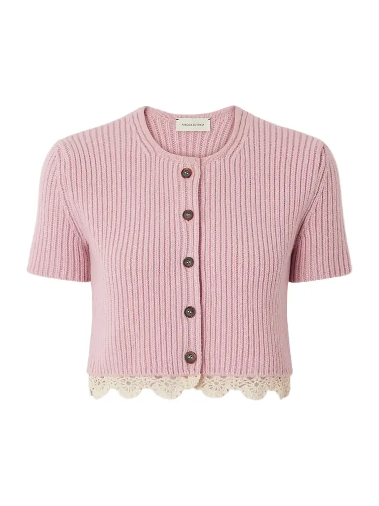 Magda Butrym Cropped Crochet-trimmed Ribbed-knit Cashmere Cardigan