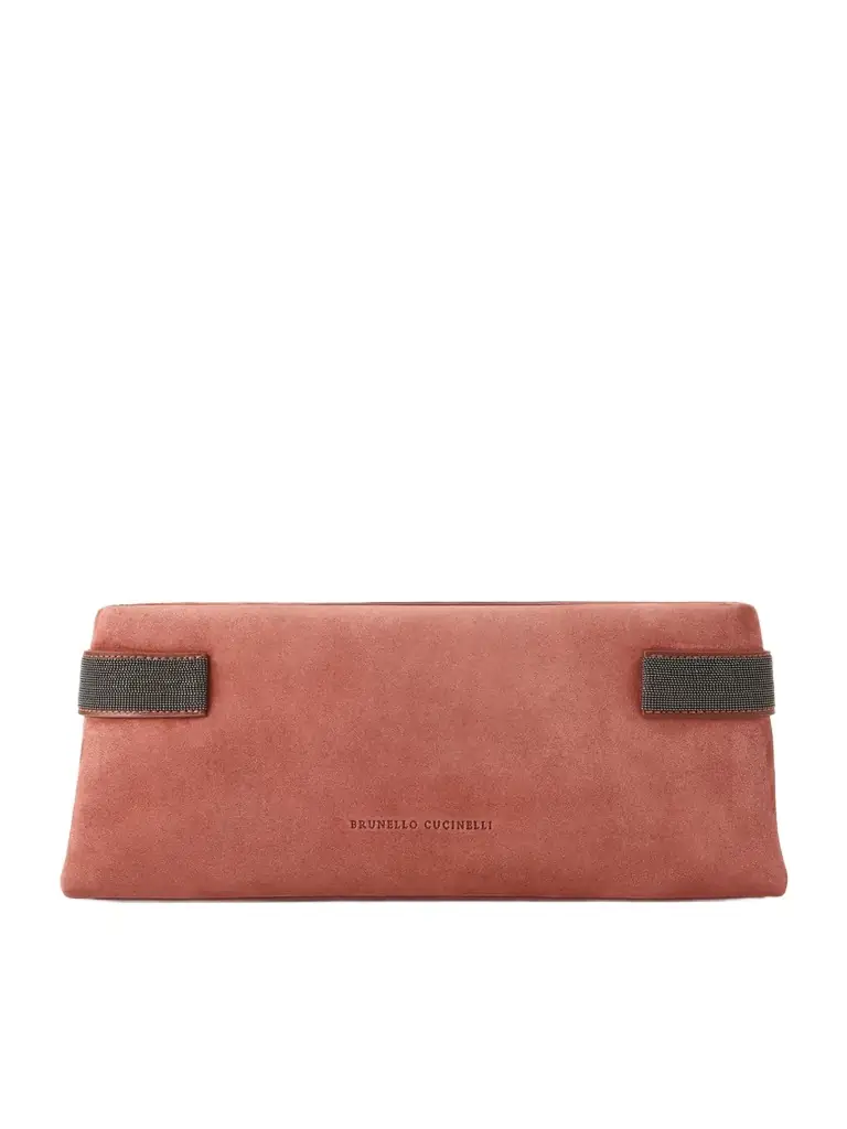 Brunello Cucinelli Essence Bead-embellished Leather-trimmed Suede Clutch