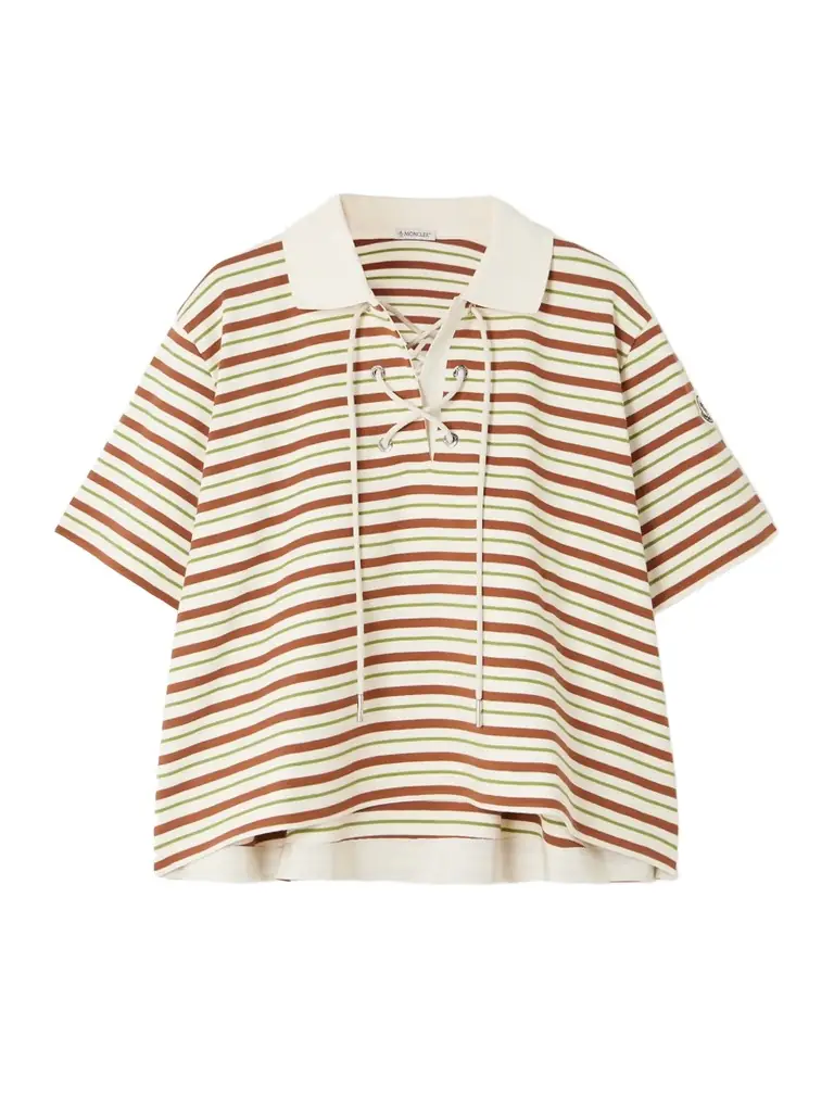 Moncler Lace-up Cropped Striped Cotton Polo Shirt