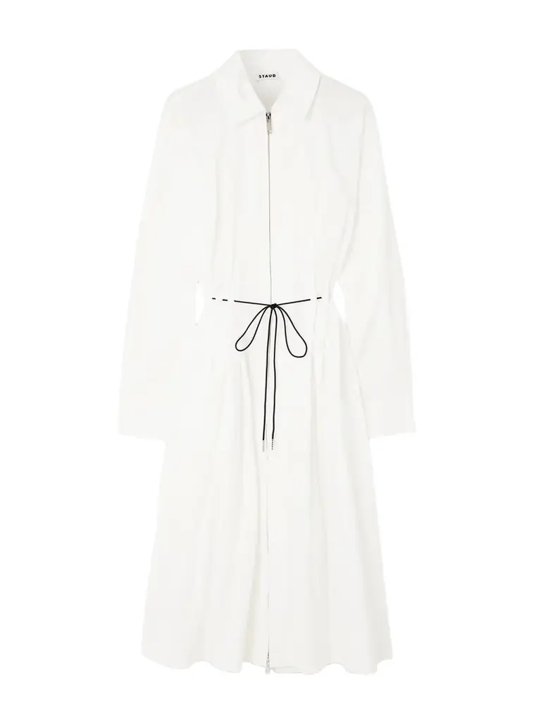 Staud Chi Belted Pleated Cotton-blend Poplin Midi Dress