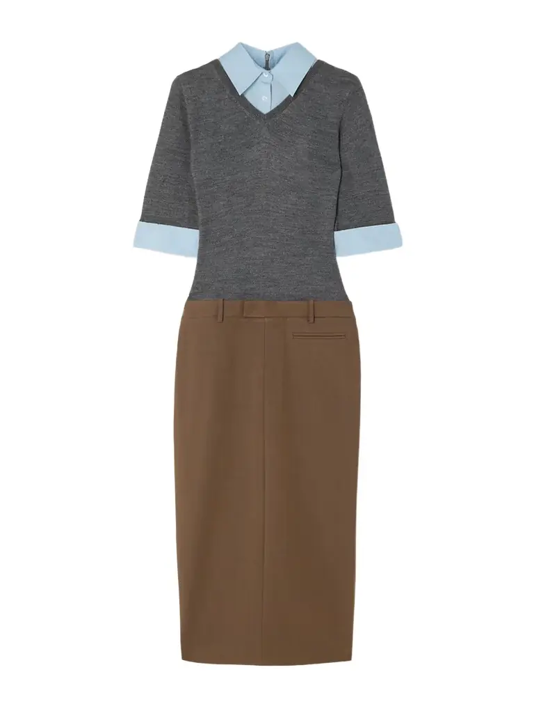 Staud Geo Layered Cotton-blend Poplin-trimmed Twill And Wool-blend Midi Dress