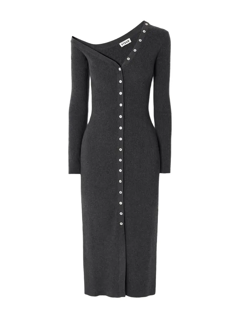 Staud Craftsman Off-the-shoulder Ribbed Cotton And Wool-blend Midi Dress